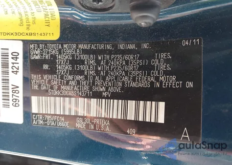 2011 Toyota Sienna Le V6 z USA, uszkodzony, nr VIN 5TDKK3DCXBS143711